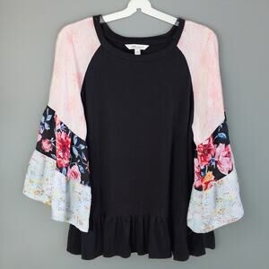 Pioneer Woman Blouse Sz L Boho Cottagecore Festival Floral Sleeve Black Top